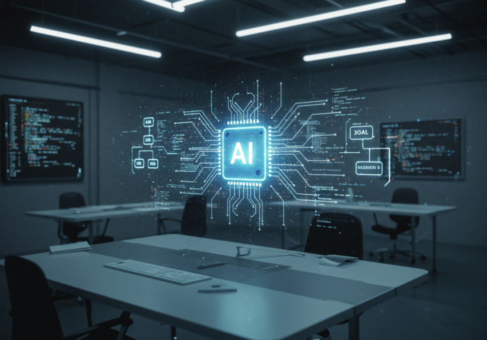 Ambiente futurista de desenvolvimento de software, onde linhas de código e diagramas de arquitetura de software são visualizados como projeções holográficas, com um núcleo central de IA brilhando sutilmente, simbolizando assistência inteligente. A cena é limpa, moderna e focada no elemento central de IA. Iluminação cinematográfica.
