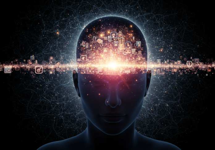 Uma silhueta central de uma cabeça humana, com fluxos digitais brilhantes de dados, memórias e eventos da vida fluindo para dentro dela, processados por um padrão de rede neural sutil e abstrato ao fundo. O tom geral deve ser uma mistura de admiração futurista e leve desconforto.