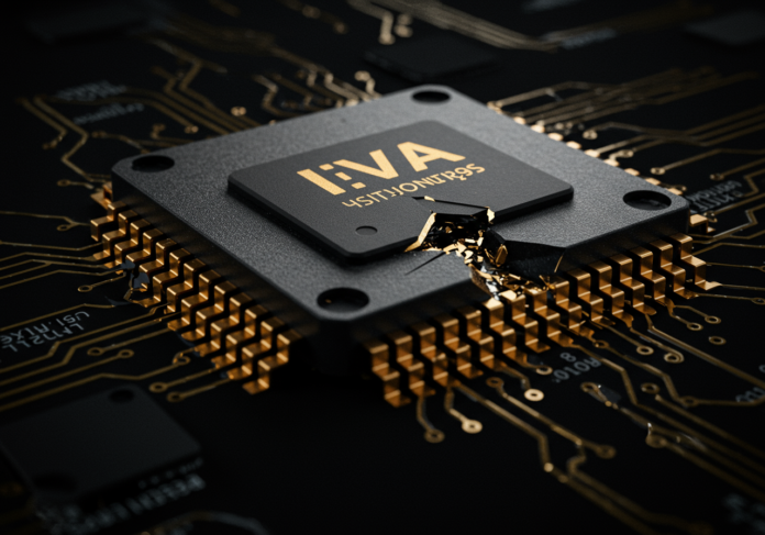 Close-up de um chip de computador com um cadeado quebrado sobre ele, simbolizando uma falha de segurança em IA, fundo escuro com códigos binários desfocados, centralizado.