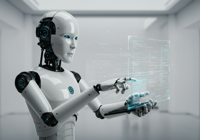 Representação centralizada de um robô de IA ou assistente digital amigável e abstrato, digitando ou manipulando ativamente linhas holográficas de código em uma interface futurista. O fundo é um ambiente digital limpo e moderno. Foco na interação entre IA e código.