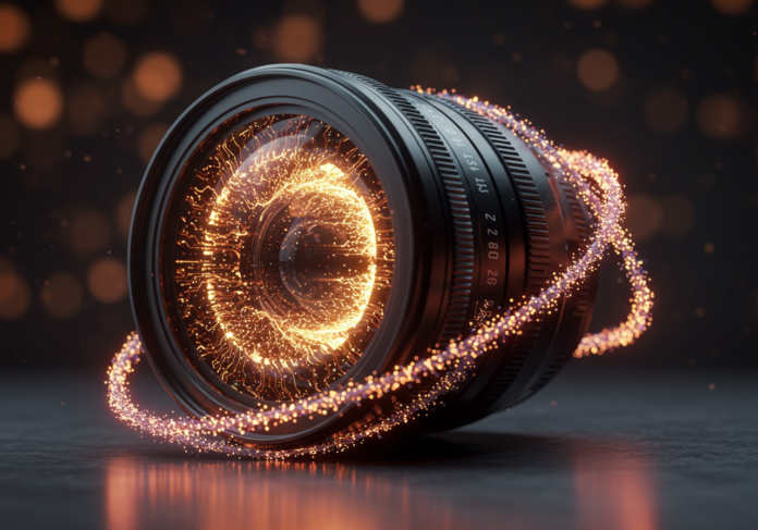 Lente de câmera cinematográfica futurista brilhando com fluxos de dados abstratos de IA, foco central, hiper-realista, iluminação cinematográfica
