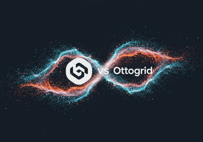 Logotipos das empresas de IA Cohere e Ottogrid se fundindo, com fluxos de dados abstratos ao seu redor, simbolizando a aquisição e a automação aprimorada. Imagem centralizada com uma estética tecnológica moderna e limpa.