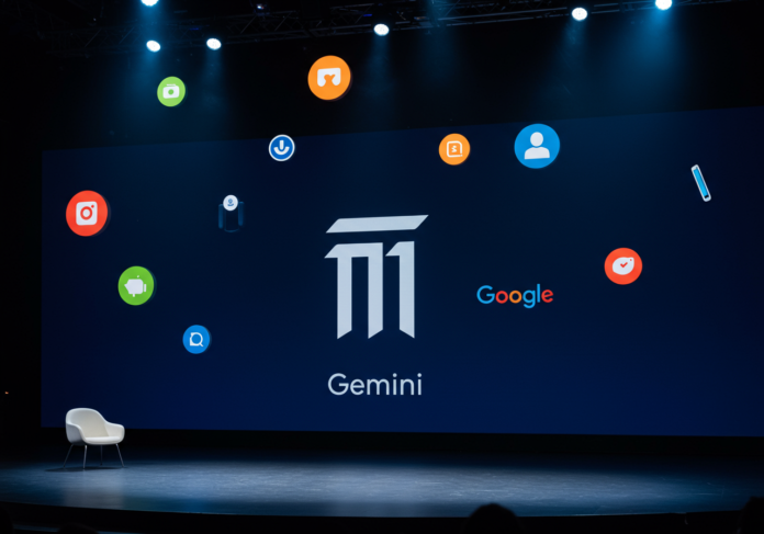 Logotipo do Google Gemini em um palco de conferência futurista, com o logo do Android e outros ícones de tecnologia da Google flutuando sutilmente ao fundo, iluminação vibrante, foco central no logo Gemini.