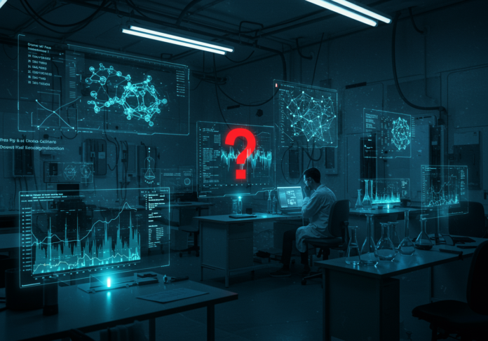 Um laboratório científico elegante e moderno com displays holográficos exibindo estruturas complexas de materiais. No centro, um pesquisador solitário é retratado olhando preocupado para uma tela de computador exibindo gráficos de dados flutuantes com um proeminente ponto de interrogação vermelho sobrepondo parte da tela, simbolizando dúvida e escrutínio sobre as descobertas de pesquisas impulsionadas por IA. O clima geral é de investigação séria e potencial ruptura. Imagem centralizada, alto detalhe, iluminação levemente dramática.