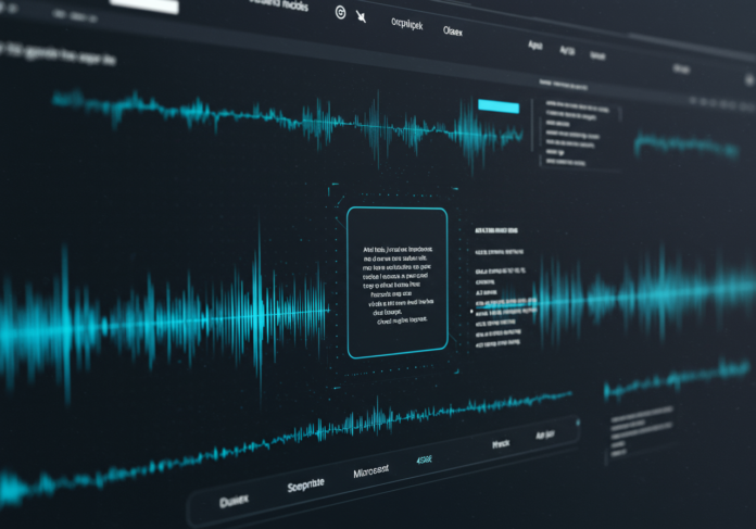 Interface digital de um assistente de IA como o Microsoft Copilot analisando dados de transcrição de podcast, com gráficos sutis de ondas sonoras transformando-se em linhas de código, com o assunto centralizado.