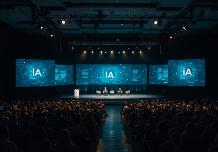 Visão centralizada de um palco iluminado em uma conferência de tecnologia futurista, com um público engajado e telas ao redor exibindo gráficos abstratos de IA. Atmosfera vibrante, inovadora e colaborativa.