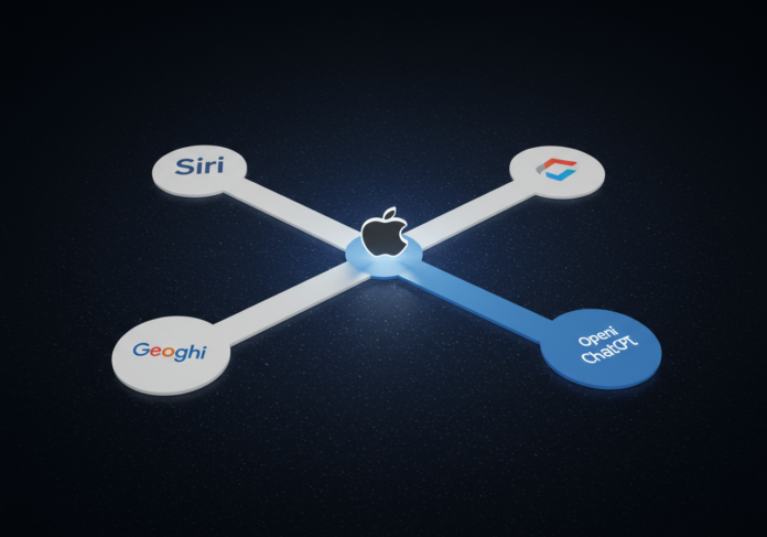Logo da Apple Siri centralizado em um ponto de decisão, com caminhos divergentes levando ao logo do Google Gemini de um lado e ao logo da OpenAI ChatGPT do outro. Fundo abstrato com tema de IA. Simbólico de escolhas e integração de tecnologia.