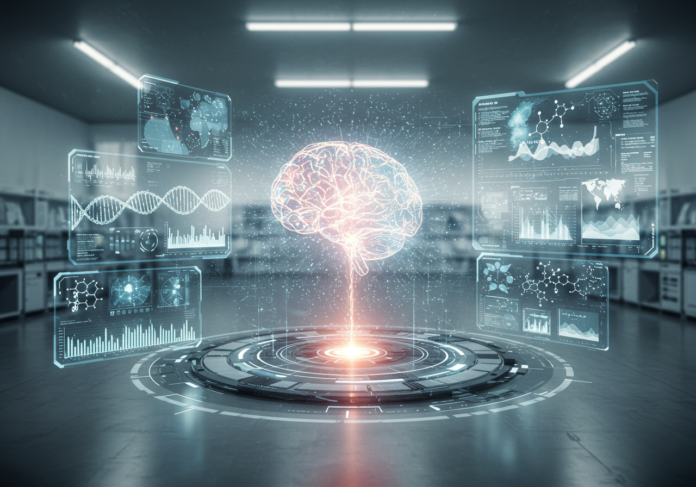 Cena de laboratório futurista com um cérebro de IA central e brilhante ou rede neural integrada com telas holográficas exibindo dados científicos complexos, fitas de DNA e estruturas moleculares, simbolizando a aceleração da descoberta científica por meio da inteligência artificial. Estética brilhante, limpa e de alta tecnologia, tema central.