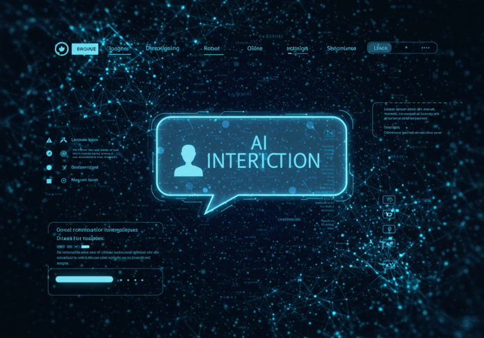 Interface digital futurista de um website que integra um chatbot de IA. Ao fundo, padrões brilhantes de redes neurais e trechos de código. A bolha de interação do chatbot está em foco central, com um design limpo e moderno, e detalhes em azul e prata.