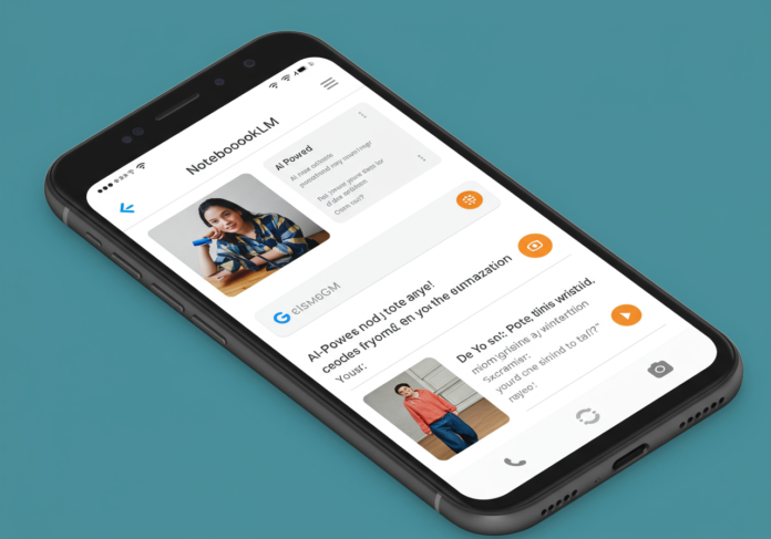 Tela de smartphone exibindo a interface do aplicativo Google NotebookLM, mostrando resumo e organização de anotações com inteligência artificial. Estética limpa e moderna com o logotipo do aplicativo sutilmente visível. Foco central no conteúdo da tela.