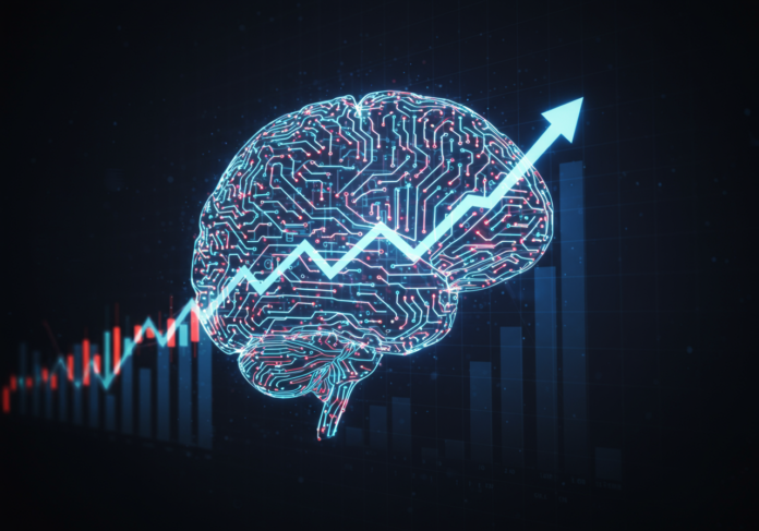 Close-up de um cérebro futurista e brilhante, feito de circuitos e fluxos de dados, integrando-se perfeitamente com um gráfico financeiro de tendência ascendente, simbolizando o crescimento empresarial impulsionado por IA. Composição centralizada, cores vibrantes.
