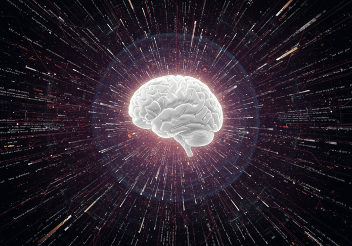 Visão futurista de um cérebro de inteligência artificial brilhante conectado a linhas de código de programação complexas em um ambiente digital, com o cérebro centralizado e proeminente.