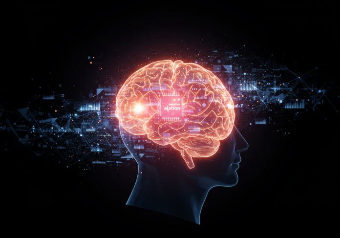 Imagem centralizada de um cérebro de IA brilhante integrando-se com estruturas de dados complexas e conexões de rede, simbolizando a fusão de duas empresas de tecnologia (Alation e Numbers Station) para inteligência de dados empresariais aprimorada.