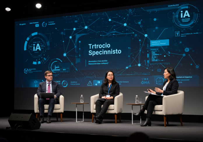 Palco de conferência futurista com três especialistas em IA (um homem caucasiano de destaque, uma mulher asiática e uma mulher caucasiana) em um painel de discussão animado, com projeções holográficas de redes neurais e dados abstratos ao fundo. O foco principal deve estar nos palestrantes no centro do palco.