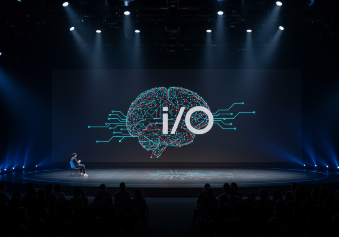 Logotipo do Google I/O 2025 com destaque para inteligência artificial, em um palco futurista com um cérebro digital estilizado ou ondas de IA no centro, cores vibrantes da marca Google, visão centralizada.
