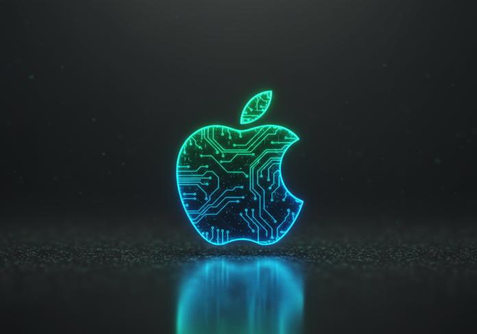 Um logo estilizado da Apple no centro, brilhando com padrões de luz intrincados que lembram uma rede neural, em um fundo limpo e futurista.