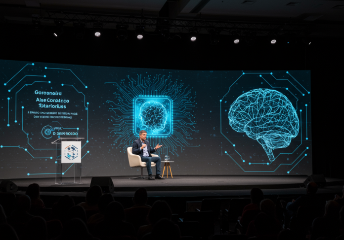 A descrição fornecida já está em português: 'Um palco futurista de conferência com um palestrante fazendo uma apresentação para uma plateia. Elementos gráficos de inteligência artificial, como redes neurais ou um cérebro digital estilizado, são exibidos em telas de fundo. O palestrante está centralizado na imagem, com iluminação profissional destacando a cena.'