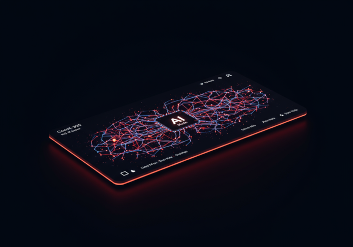 Interface de busca futurista brilhando com padrões abstratos de redes neurais, simbolizando o Modo AI do Google aprimorando as pesquisas na web, foco central, fundo limpo.