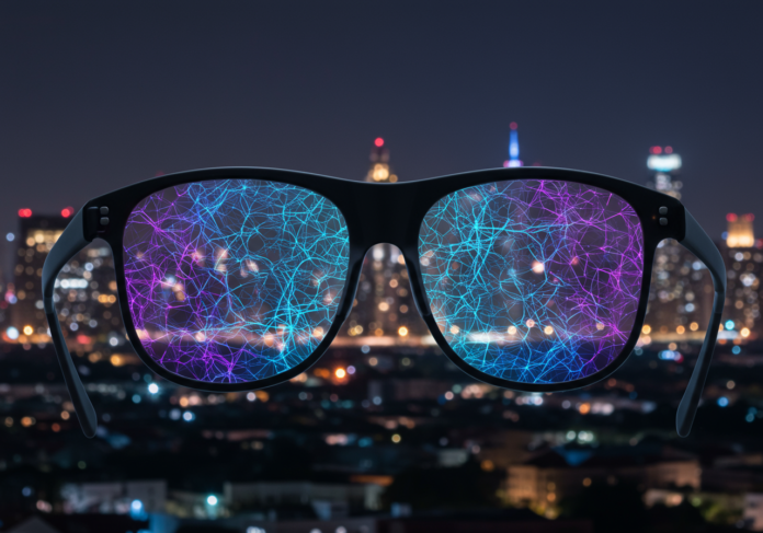 Óculos inteligentes de realidade aumentada futuristas exibindo um padrão de rede neural abstrato e vibrante sobreposto a uma visão de cidade do mundo real, simbolizando a compreensão multimodal da IA, imagem centralizada.