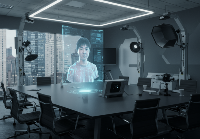 Videochamada 3D futurista, uma pessoa aparece como um holograma 3D realista numa sala de reuniões de escritório moderna, equipamento de alta tecnologia visível, sujeito centralizado, fotorrealista.