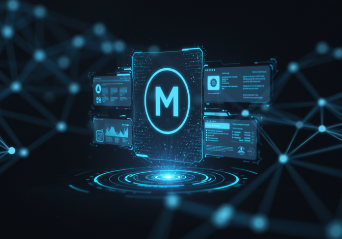 Close-up de uma interface de IA elegante e minimalista projetada holograficamente, mostrando um ícone de agente inteligente (talvez um 'M' estilizado para Mariner ou um orbe abstrato) gerenciando ativamente várias janelas de tarefas para atividades online como reserva de viagens, compras e análise de dados. Os elementos da interface são nítidos e futuristas. O fundo é um espaço digital limpo e escuro com linhas de rede suaves e fora de foco, garantindo que a exibição holográfica central seja o foco principal. Cores dominantes: azul elétrico, branco frio e detalhes sutis em prata. Assunto perfeitamente centralizado.