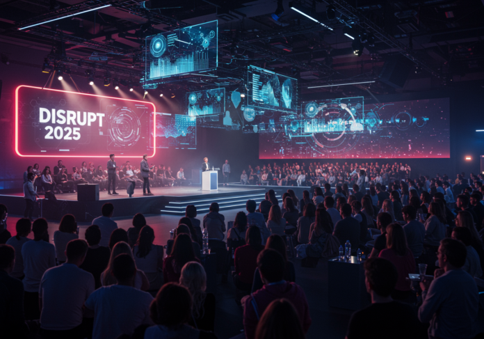 Cena vibrante e futurista de uma grande conferência de tecnologia chamada 'Disrupt 2025'. Foco central em um palco principal bem iluminado, onde um palestrante se apresenta para uma audiência grande e engajada. Elementos holográficos e fluxos de dados visíveis no ar, simbolizando inovação. Participantes diversos fazendo networking em primeiro plano. Estética moderna e elegante.