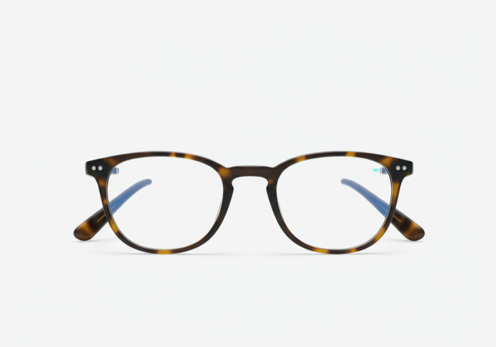 Óculos inteligentes estilosos com uma interface sutil de IA brilhando nas lentes, estética de design Warby Parker, toques da marca Google, centralizados em um fundo limpo e futurista.