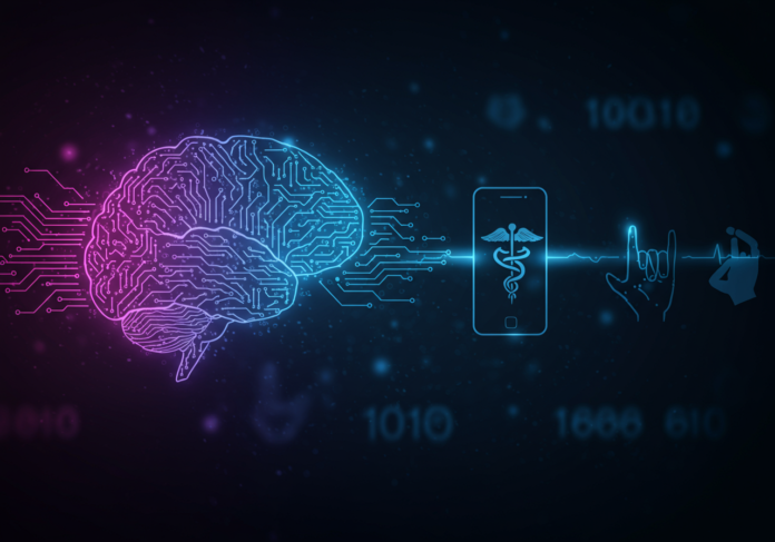Ícone cerebral centralizado e detalhado, composto por circuitos digitais brilhantes, com caminhos neurais distintos que se estendem em direção a uma silhueta de smartphone, um símbolo de caduceu médico e um gesto de mão elegante representando a língua de sinais, tudo posicionado contra um fundo tecnológico escuro e sutilmente texturizado com suaves destaques em azul e roxo.