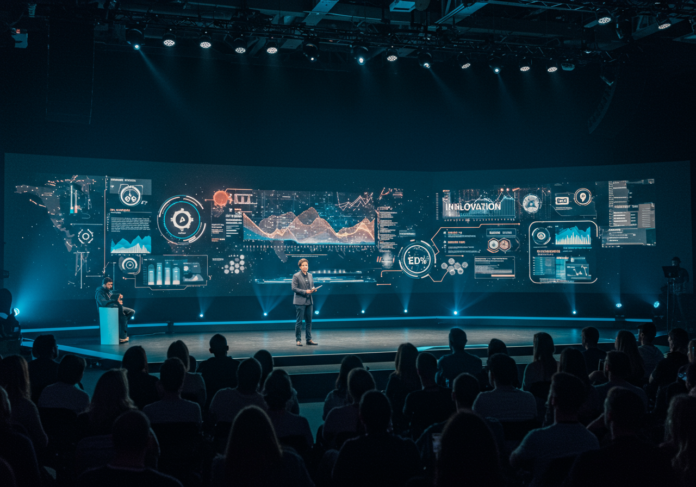 Tomada dinâmica centralizada da palestra principal de uma conferência de tecnologia futurista, com um palestrante em um palco bem iluminado, uma audiência diversificada olhando para uma apresentação dinâmica com fluxos de dados brilhantes e símbolos de inovação.