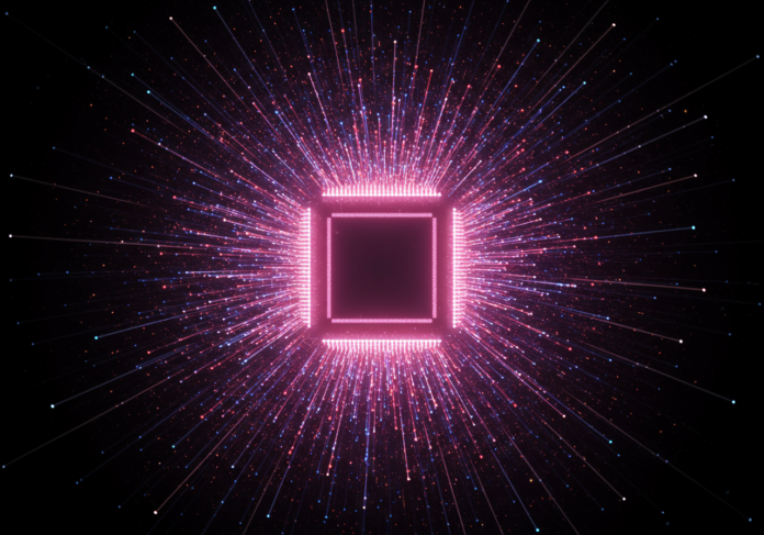 Close-up de uma representação abstrata e brilhante de um núcleo de IA, com fluxos de dados entrando e saindo, simbolizando o papel central da IA na futura pesquisa na web, cores vibrantes, centralizado.