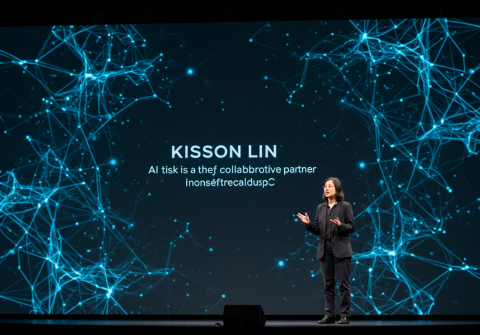 Imagem futurista de Kisson Lin em um palco, com padrões abstratos de redes neurais projetados atrás dela, falando sobre IA como uma parceira colaborativa. O foco central está em Kisson Lin, com uma atmosfera profissional e inspiradora.