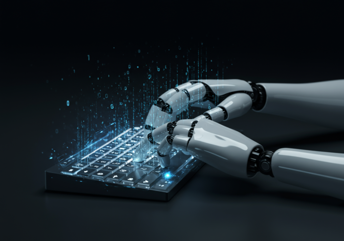 Close-up das mãos de um robô de IA elegante e futurista digitando em um teclado holográfico brilhante, com fluxos de partículas luminosas de código binário fluindo ao redor de seus dedos, simbolizando o desenvolvimento de software, composição centralizada, iluminação cinematográfica.