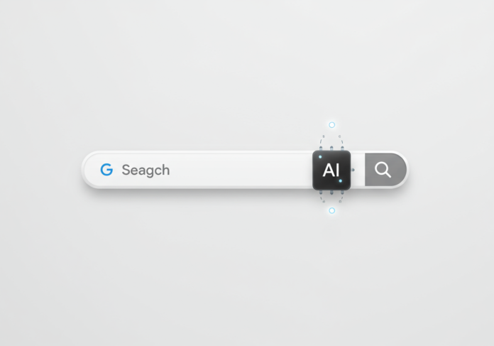 Barra de pesquisa do Google estilizada, transformando-se numa interface de IA com inserções de anúncios sutis e integradas, num fundo limpo e moderno, centralizada.