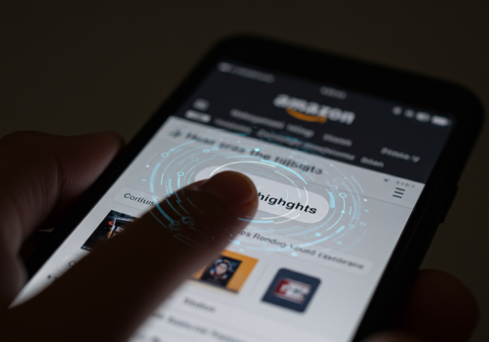 Close-up de um dedo tocando um botão 'Ouvir os destaques' na tela de um smartphone que mostra uma página de produto da Amazon, com sutis padrões de circuitos de IA e sinais visuais de ondas sonoras emanando do botão, e com foco central na interação.