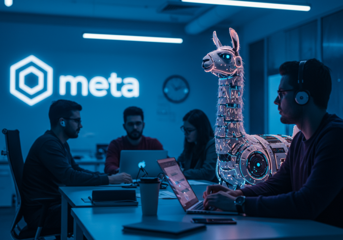 Logotipo da Meta e do modelo Llama AI em destaque, com silhuetas estilizadas de empreendedores de startups colaborando em um ambiente de escritório moderno e tecnológico, visual vibrante e futurista com tons azuis e roxos, foco centralizado nos logotipos e nas interações humanas.