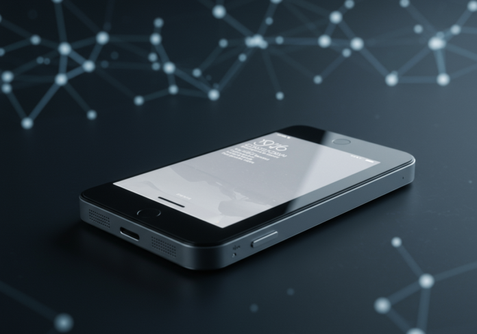 Conceito de dispositivo de IA futurista sem tela, incorporando o estilo de design minimalista característico de Jony Ive, sutilmente iluminado. Padrões abstratos de rede neural formando um fundo suave. O próprio dispositivo é o foco central, parecendo elegante e revolucionário.