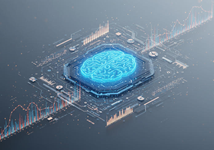 Ícone de cérebro futurista centralizado simbolizando IA, rodeado por gráficos de crescimento financeiro ascendente e fluxos de dados, em um fundo de tecnologia limpo.