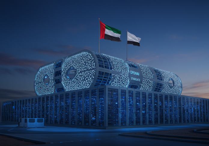 Centro de dados futurista Stargate da OpenAI em Abu Dhabi, servidores brilhando com luz azul e branca, arquitetura moderna e elegante com sutis padrões geométricos árabes, bandeira dos Emirados Árabes Unidos visível ao fundo ou sutilmente integrada ao design, céu limpo, foco central no edifício principal do centro de dados, hiper-realista, iluminação cinematográfica.
