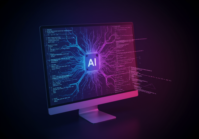 Arte digital futurista de uma rede neural se fundindo com código de site na tela de um computador, foco central na sinergia entre IA e desenvolvimento web, tons vibrantes de azul e roxo.