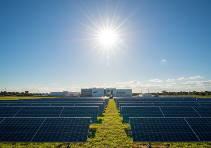 Vasta fazenda de painéis solares sob um sol brilhante, com um edifício futurista de data center ao fundo, e o logotipo da Meta sutilmente visível. Foco central nos painéis solares que se estendem em direção ao data center.