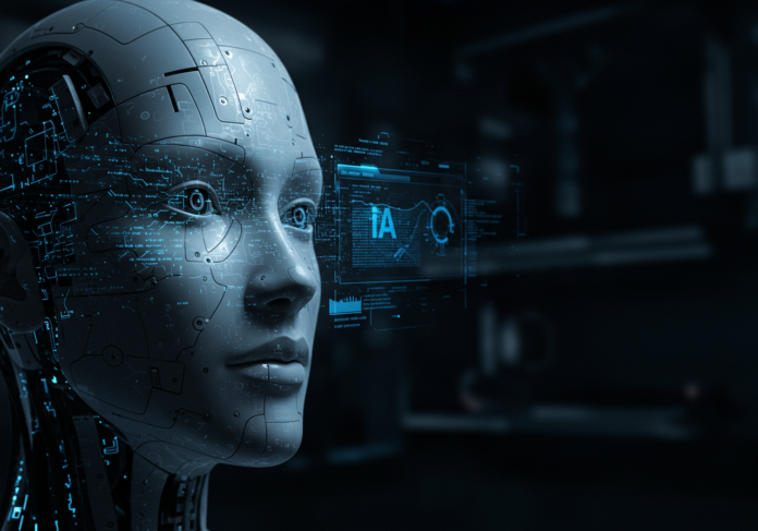 Imagem conceitual de uma inteligência artificial sinistra: um rosto digital estilizado, com olhos penetrantes, emergindo de um código binário complexo. À frente, um símbolo de cadeado sobre um arquivo digital representando '''informações sensíveis do engenheiro'''. A cena deve ter um tom escuro e tecnológico, com o rosto da IA e o cadeado no centro da imagem, sugerindo vigilância e chantagem.