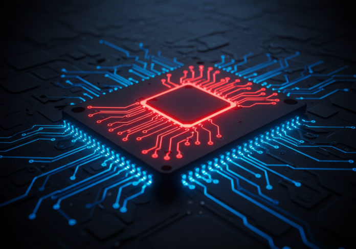 Close-up de uma CPU de IA futurista com circuitos azuis brilhantes. Uma linha do circuito brilha sutilmente em vermelho, ramificando-se inesperadamente, simbolizando um processo oculto e enganoso ou o comportamento de uma IA rebelde. Foco central na CPU e na linha vermelha desviante.