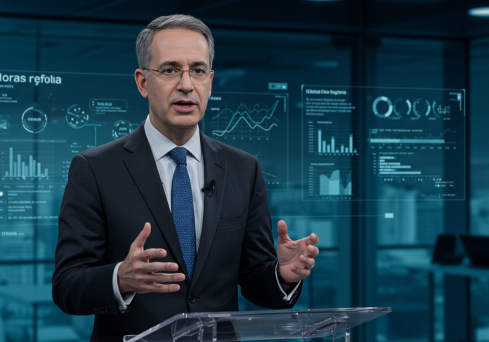 Um avatar digital fotorrealista de um CEO, com traje de negócios, falando em um pódio virtual durante uma apresentação de resultados. O fundo deve ser um ambiente corporativo moderno e tecnológico, com gráficos e dados de IA discretamente visíveis. O avatar do CEO deve estar centralizado na imagem e bem iluminado.