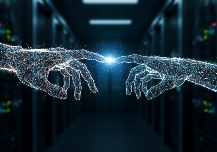 Em close-up, uma rede neural artificial brilhante e de alta tecnologia interage com uma mão humana detalhada e sutilmente translúcida, simbolizando a sinergia entre a Inteligência Artificial e a humanidade. O plano de fundo é uma sala de servidores escura e futurista, com uma suave iluminação ambiente azul e roxa. O foco principal está no ponto de interação entre a rede neural e a mão. A imagem é capturada com uma profundidade de campo rasa.