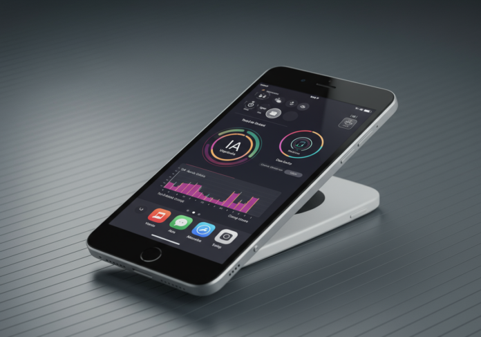 Conceito de dispositivo de consumo futurista com IA, design elegante no estilo Jony Ive, interface de IA brilhante, foco central, fundo moderno e limpo.