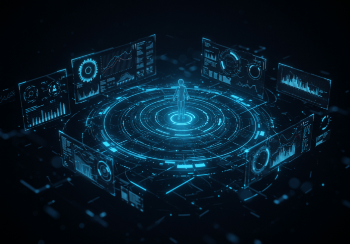 Agente de IA minimalista interagindo com interfaces de dados holográficas, simbolizando a atualização avançada do modelo 'o3' para o Operator da OpenAI. Foco central, estética futurista e limpa, com padrões de redes neurais brilhantes sutilmente ao fundo.