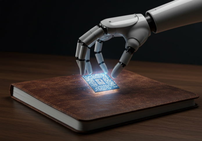 Um braço robótico moderno e elegante, colocando cuidadosamente um microchip brilhante sobre um livro-razão tradicional, encadernado em couro e levemente desgastado, simbolizando a fusão da tecnologia de IA com empresas estabelecidas. Tomada centralizada, alto detalhe, iluminação simbólica.