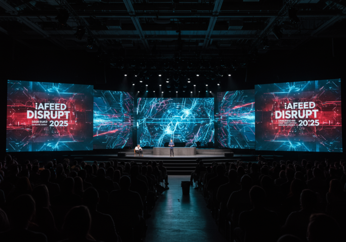 Vista central de um palco principal futurista e bem iluminado em uma grande conferência de tecnologia, 'IAFeed Disrupt 2025'. Visuais tecnológicos abstratos em uma tela grande. Silhuetas de um público engajado em primeiro plano. Atmosfera de inovação e entusiasmo.