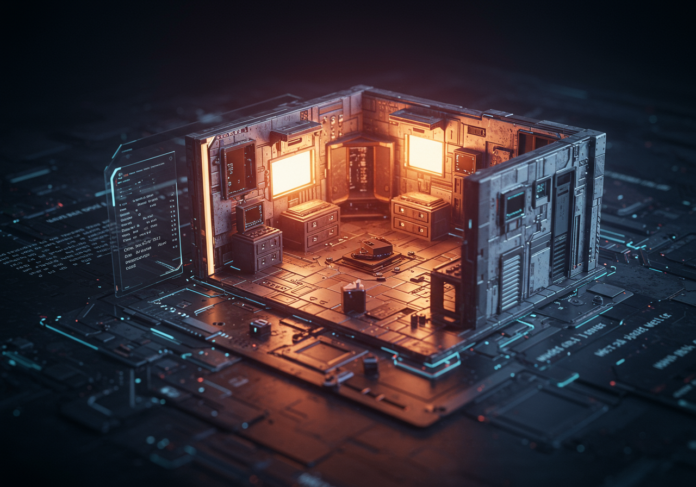 Close-up de uma interface futurista onde prompts de texto estão se transformando em uma sala 3D detalhada e vibrante, com iluminação e texturas realistas, foco central no ambiente 3D emergente, simbólico da criação impulsionada por IA.