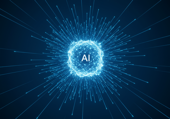 Imagem centralizada de uma rede neural estilizada e brilhante ou núcleo de IA, com caminhos de luz estendendo-se para fora, simbolizando orientação e inovação para startups. Fundo limpo, moderno, em tom de azul tecnológico.